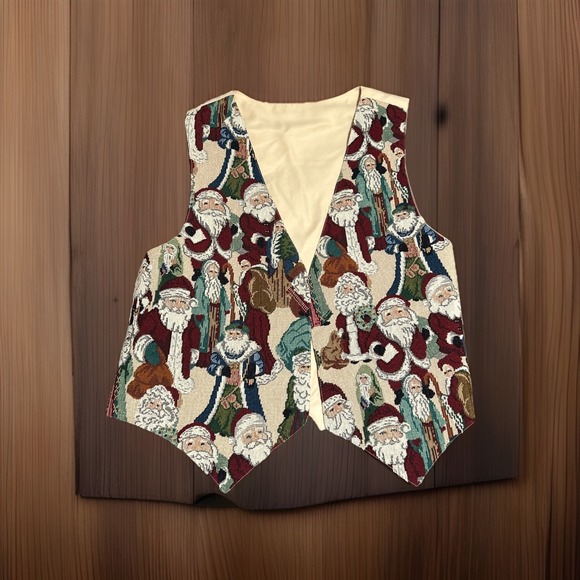 Cream Jackets & Blazers - Tapestry Santa Claus Vest Cream Red Festive‎ Holiday Christmas Grandmacore Vtg